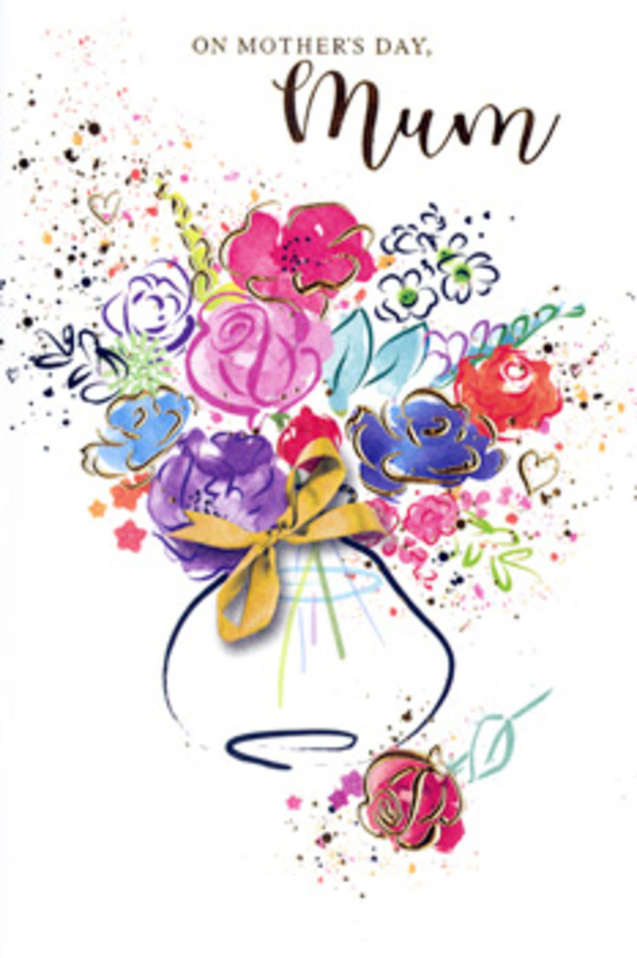 In this expressive Mother's Day card, a vibrant, artistic bouquet bursts from the page, echoing the lively mix of colours you might see in the flower stalls near Woodford station. Broad, fluid strokes of watercolour shape generous blooms in hot pink, cerise, and rich berry tones, their forms gently anchored by deep indigo outlines that suggest petals and leaves without ever becoming rigid. Between these striking flowers, cooler shades of lavender, periwinkle, and soft blue weave through, providing restful pauses for the eye, like glimpses of sky between buildings along George Lane. Fine threads of metallic gold highlight the edges of petals and the curve of leaves, giving the impression of light skimming across fresh, dewy blossoms. Surrounding the bouquet, playful paint splatters, floating hearts, and tiny abstract marks radiate from the arrangement, evoking laughter, shared memories, and the affectionate chaos of family life. The stems appear to gather into a whimsical vase rendered in pale washes, its rounded shape tied neatly with a golden bow that hints at the same careful finishing touch a florist adds before a Mother's Day delivery. The background remains clean and white, amplifying the luminance of the colours and making the bouquet feel as though it is glowing from within. The overall composition communicates deep gratitude and long-standing love, like a heartfelt message chosen thoughtfully in Woodford for a mum who has been a constant source of comfort, guidance, and joy throughout the years.