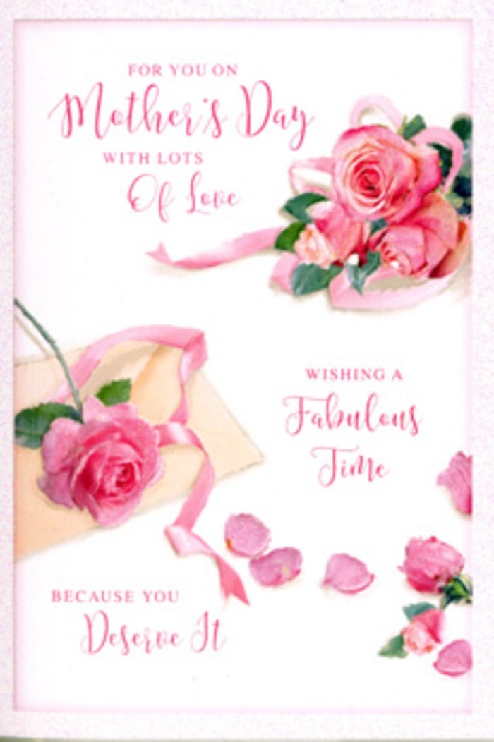 This Mother's Day card is portrayed as an artful composition of roses, calligraphy, and soft negative space, reminiscent of a carefully styled floral flatlay on a Woodford coffee shop table. A loose bouquet of pink roses, placed slightly off-centre, becomes the focal point: their petals densely layered yet airy, giving each bloom a plush, velvety presence. Shades of blush, rose, and gentle powder pink blend together, with subtle highlights catching the curl of each petal, as if light from a nearby window on George Lane is falling across the card. Scattered around the main cluster, individual petals and a few smaller rose heads gently trail outward, creating a sense of motion, like flowers being sprinkled in slow motion. Interwoven with this scattering is a soft, pastel ribbon that loops gracefully around the base of the central roses, suggesting the finishing touch of an experienced florist tying off a bouquet with practiced hands. Elegant, swirling script delivers a warm Mother's Day message, the letters elongated and slightly whimsical, mirroring the soft curves of the petals and ribbon. The overall colour palette is restrained and romantic-pinks set against a clean white background, with the faintest hint of shadow adding depth without disrupting the light, airy feel. This design gives the impression of a heartfelt note laid next to a freshly delivered bouquet from Flowers Woodford, ready to be discovered on a hallway console or bedside table. The card captures not only the beauty of roses but also the restful, appreciative mood of a day devoted to mothers and all the quiet care they give.