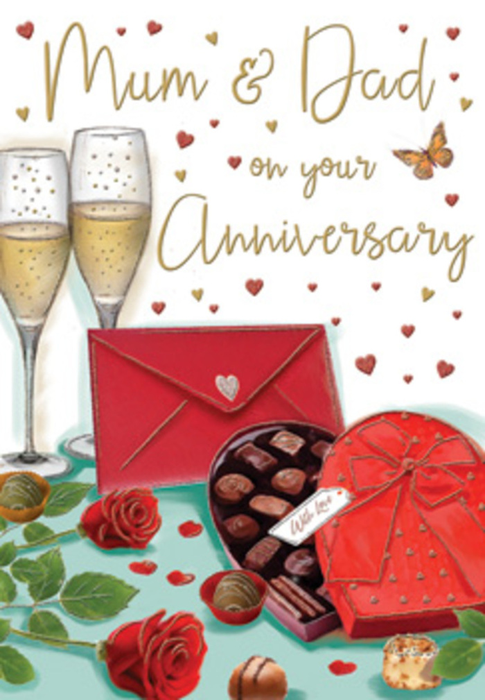 The anniversary card design unfolds like a romantic vignette, bathed in warm light that feels much like an intimate supper at home in Woodford. At the back of the composition, two tall champagne glasses stand close together on a smooth surface, their crystal-clear bowls filled with pale golden champagne. Streams of tiny bubbles rise toward the rim, creating a soft sparkle that plays off subtle highlights on the glass stems, as if ready for a meaningful toast shared in a quiet corner near Woodford Bridge. In front, a generously sized heart-shaped chocolate box forms the visual anchor. Its deep red shell is finished with a broad, satin ribbon tied into a full, textured bow, the folds catching light and shadow with almost tactile realism. The lid is slightly lifted to reveal an orderly array of indulgent chocolates inside, each piece individually cradled in its own little compartment. Resting alongside the box are two exquisitely detailed red roses, placed as though freshly laid down after being unwrapped from florist's paper. Their petals are layered and soft, showing subtle variations of crimson, while glossy green leaves fan out to one side, adding balance and freshness to the rich scene. A scarlet envelope lies nearby, its pointed flap neatly closed, evoking a heartfelt card or note penned in someone's familiar handwriting. Tiny hearts in red and gold drift across the background, echoing the glow of local streetlights near Woodford Station on an autumn evening. This carefully composed illustration captures the indulgent sweetness of chocolate, the classic romance of red roses, and the enduring feeling of togetherness that makes an anniversary celebration so special for couples and families alike.
