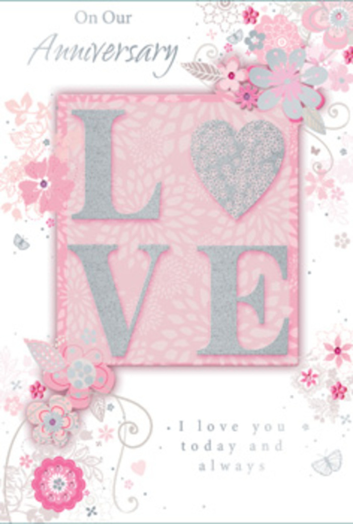 This anniversary card is shown open against a neutral surface, giving the impression of stepping into a bright, sun-filled room where love is cherished every day, much like the cosy homes dotted around Woodford. Dominating the front design is the word LOVE, picked out in frosted glitter that adds a subtle, icy sparkle, as if the letters had been dusted with the faintest layer of morning frost on petals. The raised texture of the lettering suggests a pleasing tactile feel under the fingertips, inviting a lingering touch. Around this central motif, wispy hand-drawn flowers drift gracefully along the borders, their petals shaded in soft tones of pink, lilac, and creamy ivory. Each bloom appears to float, like blossoms gently carried along the River Roding nearby, creating a calm, romantic rhythm. Fine filigree lines weave between the flowers, forming delicate leaves and swirling tendrils that recall a florist's sketchpad at the workbench in a Woodford studio. Hidden among the details are tiny, almost secret butterflies and subtle flourishes that give a sense of fluttering hearts and quiet excitement. Inside the card, the message I love you today and always is printed in understated, graceful type, set against a clean background so the words can breathe. The overall styling feels as carefully balanced as a hand-tied bouquet prepared for delivery to a Woodford anniversary dinner: soft, thoughtful, and deeply personal. More than simple stationery, this card reads like a paper bouquet-lightly perfumed in the imagination, filled with tenderness, and designed to be treasured long after the celebration has ended.