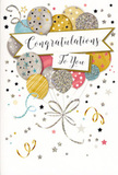 This congratulations card presents a joyful, balloon-themed design that feels cosy and celebratory, like something chosen from a favourite independent shop along Woodford High Road. The main illustration shows a loose bouquet of balloons floating against a soft, creamy background. Each balloon is slightly different in size and decoration, painted in gentle shades of gold, silver, champagne, soft blue, blush pink and dove grey, then finished with details of glitter, sprinklings of stars or fine stripes that make the surface appear lightly textured and luminous. The balloons overlap naturally as they cluster towards the top of the card, while their slim, curling strings stream downwards and entwine in metallic gold and silver, echoing the ribbons we tie around special-occasion arrangements. Across the centre, a crisp white banner ripples gracefully, carrying the message Congratulations To You in elegant, flowing calligraphy that suggests both warmth and formality. Surrounding the central cluster, tiny stars, dots of confetti and whimsical ribbon curls drift across the background, giving the impression of movement, like decorations caught in a gentle breeze at a celebration in a Woodford garden. The colour palette is refined and modern, more champagne toast than loud party horn, making it ideal for moments of genuine pride-a new job, a graduation, a big personal achievement. It is easy to imagine this card propped up beside a fresh bouquet on a windowsill overlooking Epping Forest, quietly glowing with the same sense of happiness and heartfelt congratulations.