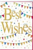 This congratulations card appears as a burst of quiet joy, ideal to slip beside fresh flowers delivered around Woodford and the leafy streets nearby. Dominating the centre of the design, the phrase Best Wishes is written in large, flowing gold script, with a lustrous, almost glittery finish that seems to glow gently against the clean white background. The lettering is elegant but approachable, like a message penned with care in a favourite fountain pen. Curving above and below this golden greeting are strings of colourful bunting, painted in a spectrum of bright shades-cobalt blue, cherry red, grass green, sunshine yellow, coral, and lavender. Each tiny flag is individually decorated with playful patterns, some with dots, others with stripes or simple geometric shapes, evoking the easy charm of a summer fair by Woodford Station or decorations hung for a family party at home. Between the arcs of bunting, the white space is sprinkled with little stars and confetti-like dots in harmonising colours, scattered as though caught in mid-air during a moment of celebration. The design's balance of clear white space, sparkling gold lettering, and lively colour creates an atmosphere that is both refined and fun. Nothing feels crowded, yet there is a sense of movement and festivity, as if the card itself were joining in the good news. The mood is gently uplifting, perfectly suited for congratulating exam results, a new job, a milestone birthday, or even a simple you did it moment. It is the sort of card that carries heartfelt good luck and happiness, mirroring the brightness of a hand-tied bouquet arriving at a front door along the quiet roads near Epping Forest.