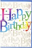 A colourful birthday card stands proudly as if it were the centrepiece of a party table, its front alive with joyful design. The main message, Happy Birthday, stretches across the middle in striking, oversized letters, each one coated in a velvety gradient that runs through the full spectrum of rainbow colour-deep cherry red sliding into juicy orange, mellow sunshine yellow, soft green, sea-toned blue, and finally into inky indigo and violet. The blending of hues feels smooth and harmonious, echoing the way flower colours are layered in a celebratory bouquet you might collect from a Woodford florist on George Lane. Light glides across the lettering, suggesting a semi-gloss finish that adds depth without harsh shine. Behind these buoyant letters, the background is covered with repeated lines of tiny, elegant script in metallic gold, gently spelling out Happy Birthday to you over and over in a looping, cursive style. This golden writing creates a subtle, textured backdrop, shimmering like fairy lights reflected in windows around Woodford Green at dusk. Fine glitter particles within the script catch the light softly, while a scattering of minute, star-like flecks around the words brings a touch of playful sparkle, reminiscent of thrown confetti or the twinkling of birthday candles. The design balances youthful energy with refined sophistication, making the card suitable for both milestone birthdays and simple, heartfelt greetings. You can almost imagine it propped beside a vase of fresh flowers in a home near Epping Forest, ready for the birthday guest of honour to discover and feel instantly celebrated.
