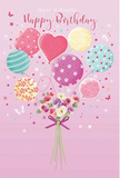 An enchanting birthday design unfolds like a quiet celebration on a soft pink backdrop, echoing the gentle pace of a weekend morning around Woodford Green. At the heart of the illustration, a handful of pastel balloons rise together, their strings gathered neatly as though tied by a careful florist. Each balloon carries its own character: some are brushed with candy-like stripes, others scattered with lively polka dots, and a few adorned with small floral motifs that mirror the bouquet below. The palette leans into melted marshmallow tones-melody of blush pink, misty teal, pale lemon, and touches of lavender-glowing as if caught in soft, filtered daylight through a Woodford bay window. The balloons appear to be supporting a dainty hand-tied bouquet, which sits at the base like a cherished gift waiting on the kitchen table. The flowers are full and fresh, with layered petals that suggest roses and simple, daisy-style blooms in creamy ivory, blush, and gentle mauve. You can almost feel their velvet surfaces and imagine a subtle, sweet fragrance drifting through a cosy home near George Lane. A slender violet satin bow wraps around the stems, its sheen giving a hint of movement and festive sparkle. Tiny stars and butterflies dot the space around the bouquet, adding a touch of storybook magic, like a birthday wish being whispered rather than shouted. The whole composition radiates warmth, thoughtfulness, and joy-an artistic interpretation of the kind of birthday bouquet a Woodford florist might create for someone who loves soft colours, simple happiness, and celebrations that feel personal and heartfelt.