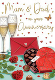 This detailed anniversary card artwork presents an inviting, romantic still life that feels perfectly suited to a couple unwinding together in Woodford. At the centre of the scene, a heart-shaped box of chocolates lies open, its deep ruby casing accented by a large, luxuriant red bow whose silky loops fold over one another in soft curves. Inside, rows of assorted chocolates sit neatly in dark paper cups, their smooth, shiny surfaces suggesting creamy fillings and rich flavours made for sharing. Just beside the box, two fully opened red roses rest gracefully on the tabletop, their petals dense and velvety, swirling toward the centre in intricate layers. Fresh green leaves extend from the stems, adding a natural contrast that recalls a hand-picked bouquet from a trusted local florist on Woodford High Road. Behind this, a pair of tall champagne flutes filled with sparkling golden fizz stand close together, their stems nearly touching as bubbles gather and rise, capturing the moment before a loving toast. A classic red envelope lies slightly angled in the foreground, crisply folded and sealed, conjuring the idea of an affectionate message inside-perhaps addressed to Mum & Dad on a milestone anniversary. Around the main elements, scattered chocolates and small hearts in shades of crimson and metallic gold seem to float across the design, creating a gentle sense of movement and celebration. The overall colour palette of rich reds, glowing golds, and soft neutrals gives the card a cosy, intimate atmosphere, like the afterglow of an evening spent reminiscing, laughing, and appreciating the years of shared memories rooted in home and family life in Woodford.